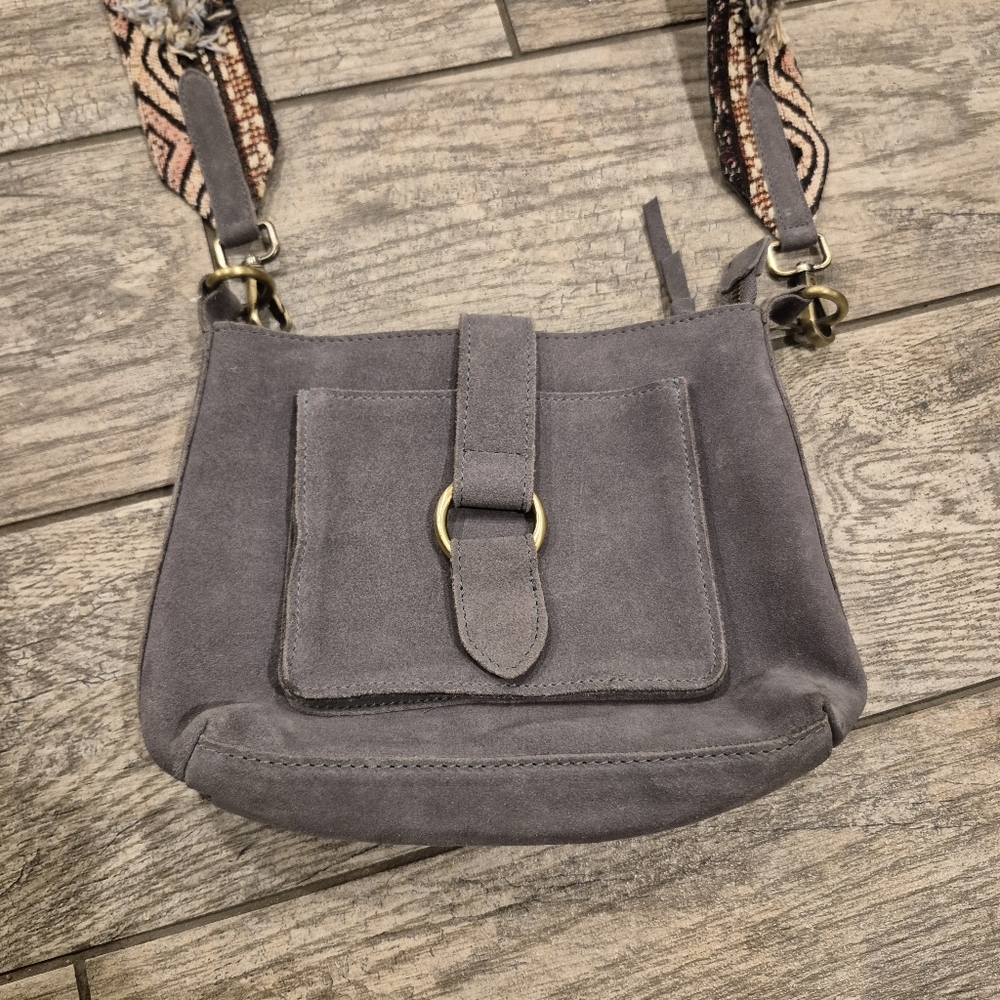 Anthropologie Gray Suede Boho Crossbody Bag with Woven Guitar Strap